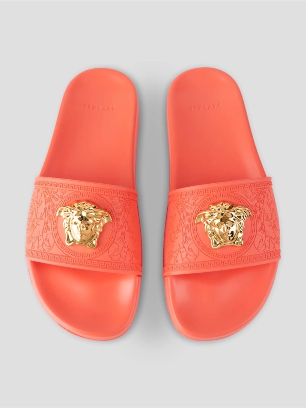 Versace Coral Slide Sandals with Gold Medusa Accent
